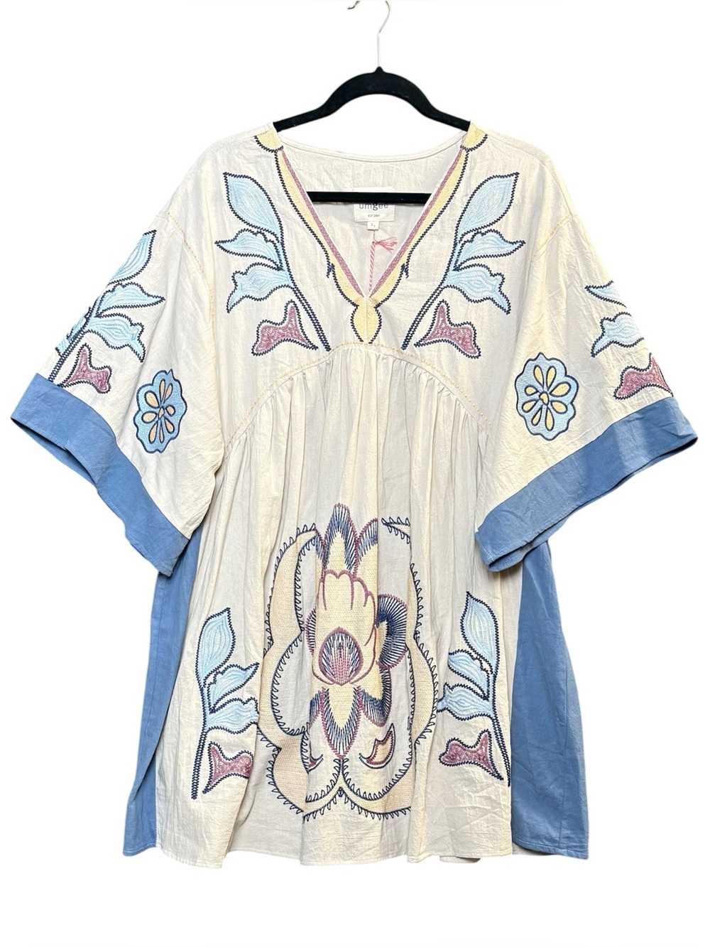 Umgee Womens Boho Embroidered Babydoll Tunic Mini Dress Cream Blue Sz L NWT